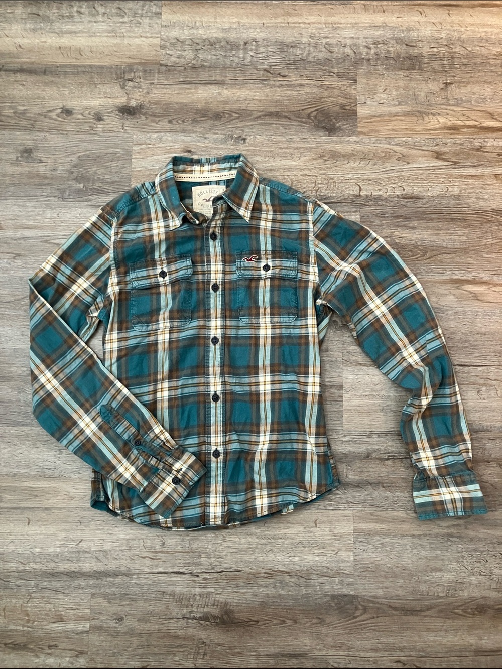 Men's Hollister Teal and Brown Plaid Button-Down Flannel Shirt